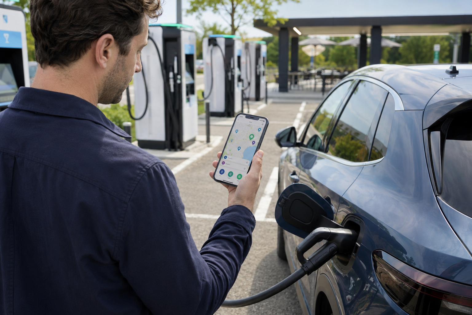 EV driver using a mobile charging app to verify the real-time status, connector compatibility, and availability of a reliable public charging station.