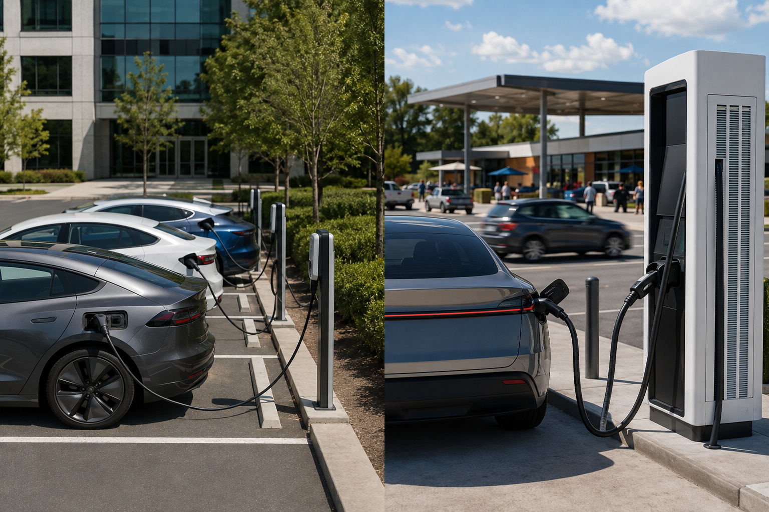 Side-by-side comparison of Level 2 and DC fast EV chargers, showing how charging speed, vehicle dwell time, and site type determine the right commercial charging solution.