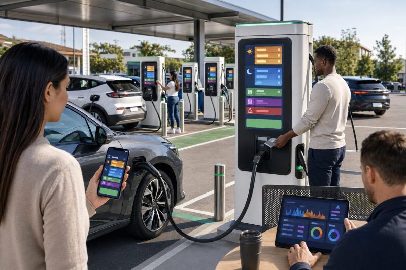 Public EV charging station with transparent pricing, multiple payment options, dynamic rates, and drivers comparing costs before starting a session.