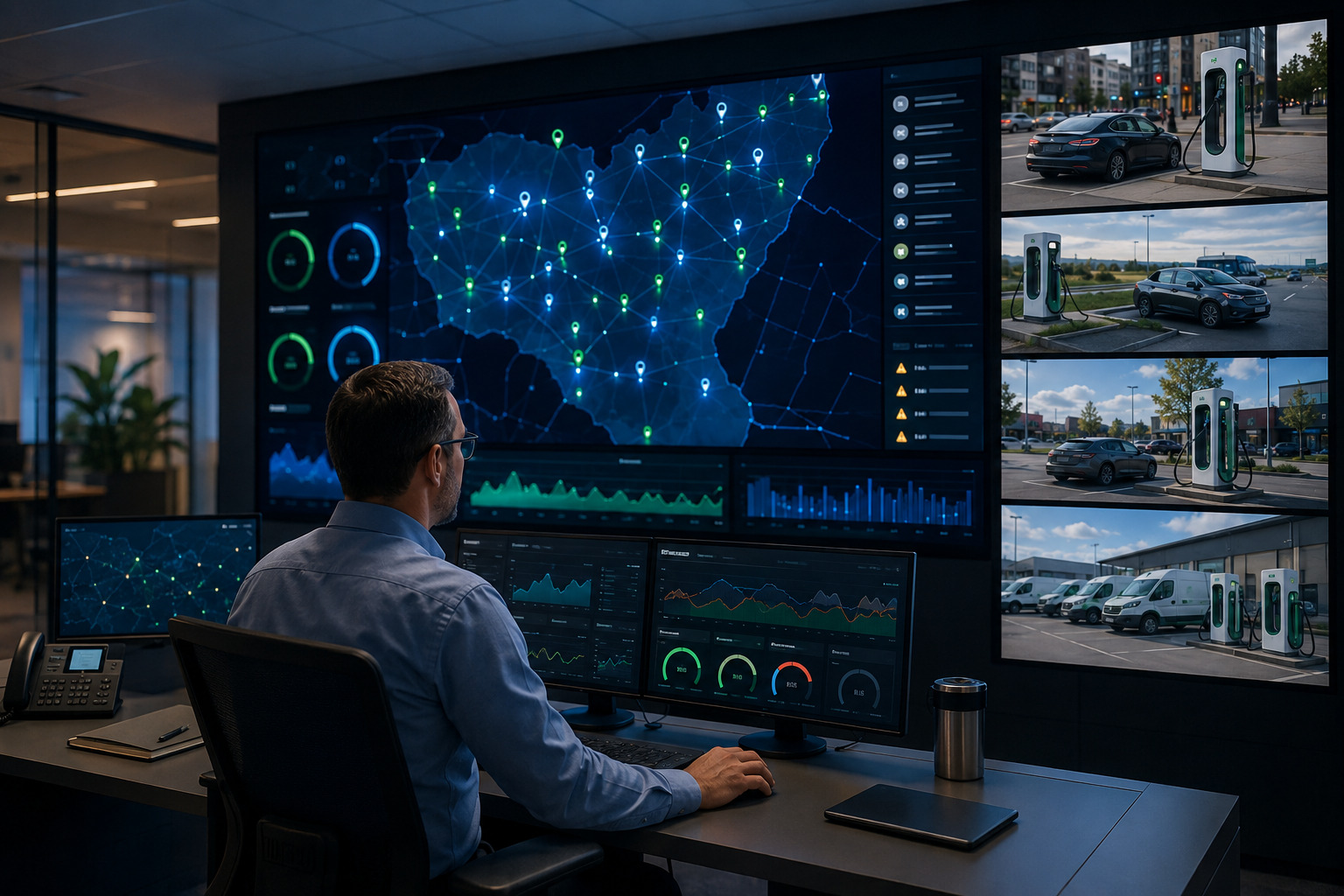 Expanding multi-site EV charging network visualized through a centralized monitoring dashboard, connected charging locations, and real-time operational data.