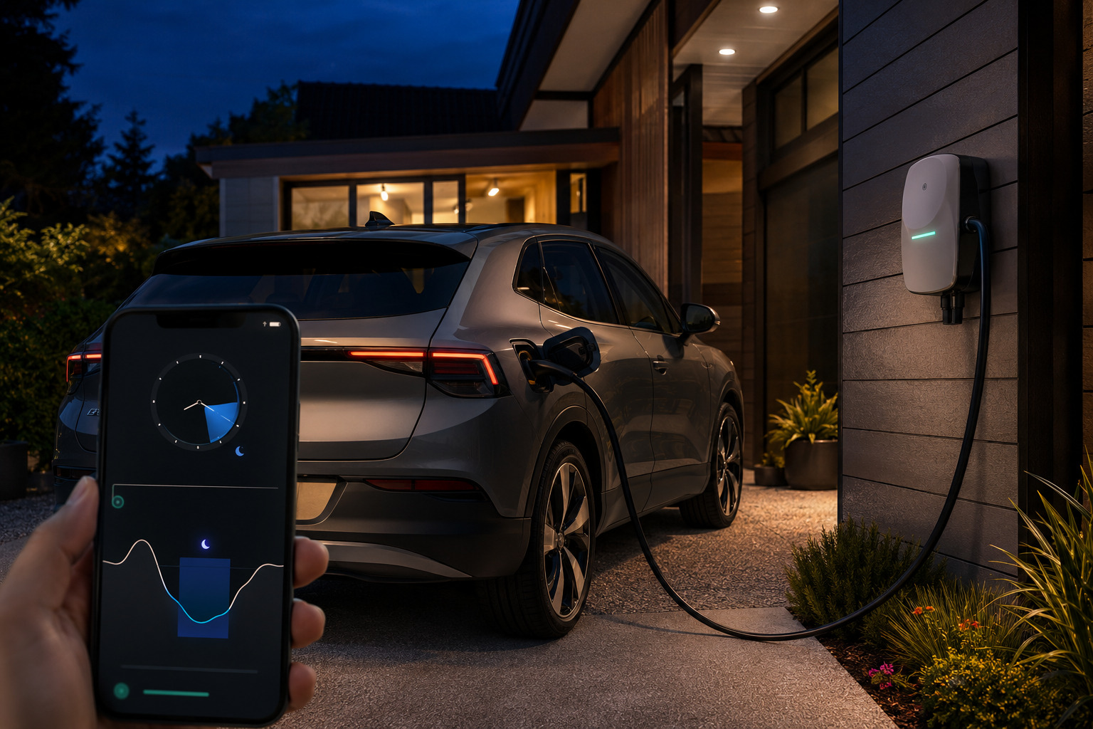 Smart EV charger scheduling an electric vehicle to charge overnight during lower-cost off-peak hours, reducing electricity bills and grid demand.