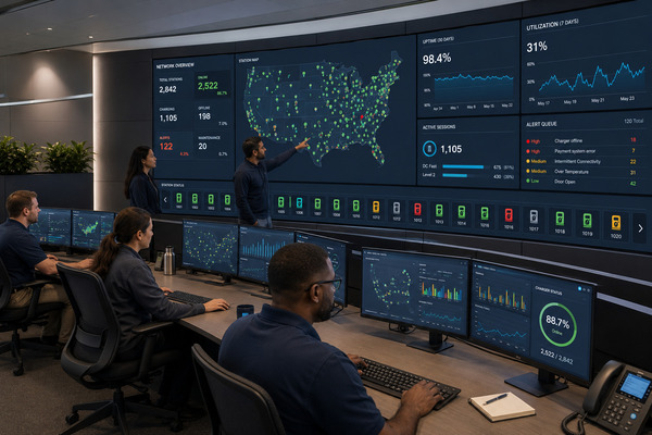 EV charging network operations center monitoring charger uptime with software dashboard