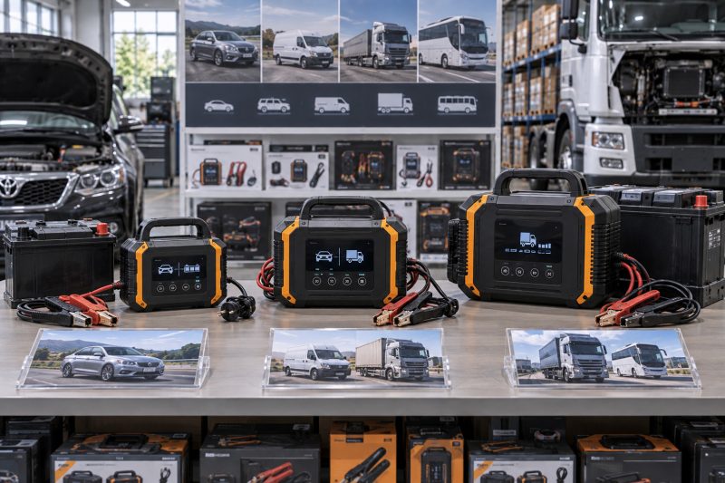Side-by-side comparison of 12V, 24V, and dual-voltage battery chargers for passenger cars, trucks, and commercial vehicles.