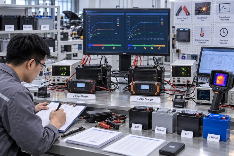 Technician comparing battery charger algorithms, voltage accuracy, current control, stage transitions, and protection performance.