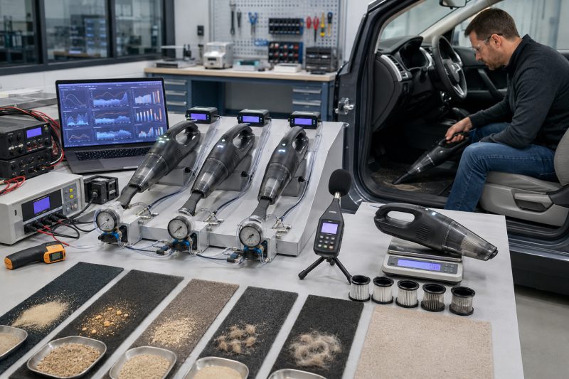 Engineer comparing battery watt-hours, runtime by power mode, sustained suction, temperature, weight, noise, and charging time across cordless car vacuums.
