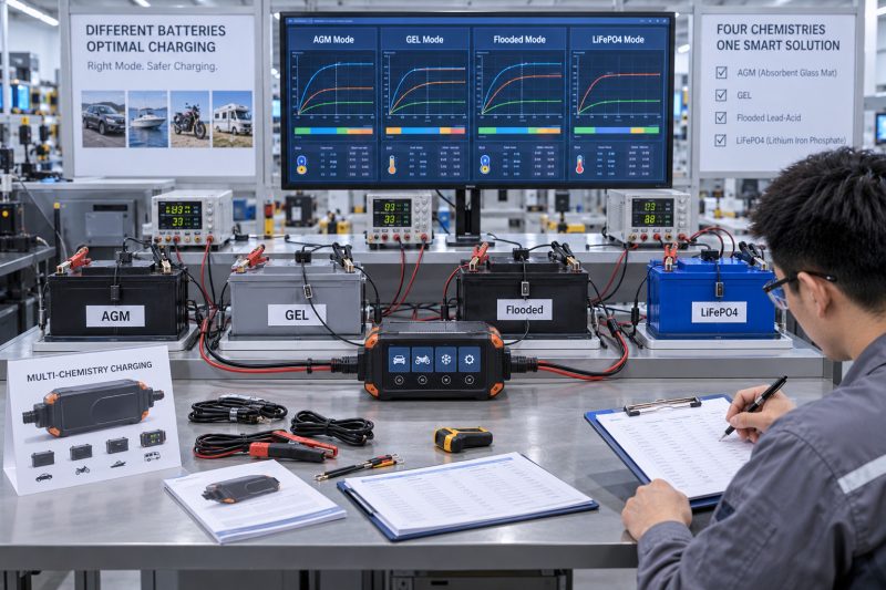 Multi-chemistry charger testing with AGM, GEL, flooded, and LiFePO4 batteries under dedicated charging profiles.
