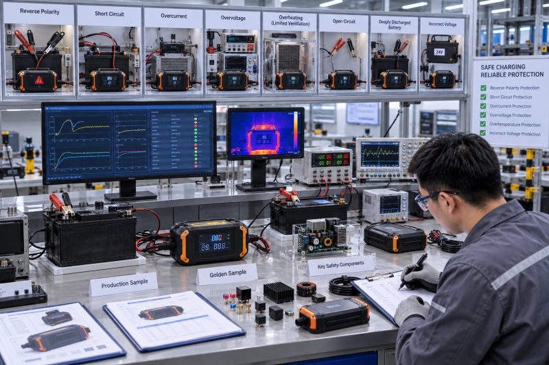 Laboratory verification of battery charger protection against reverse polarity, short circuits, overcurrent, overvoltage, and overheating.