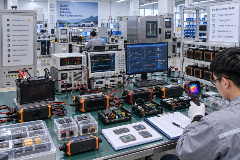 Engineer verifying charger output, charging curves, temperature, safety protection, and production-sample consistency before mass production.