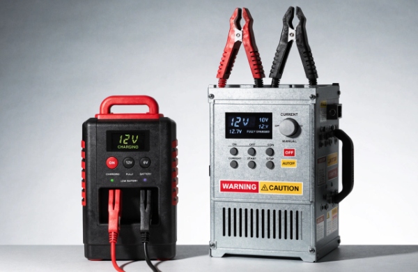 Consumer and professional workshop battery chargers displayed for distributor market comparison