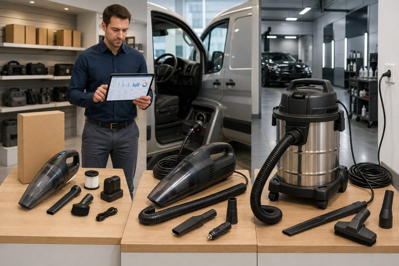 Side-by-side comparison of cordless, 12V corded, and professional car vacuums for different customers, sales channels, and cleaning requirements.