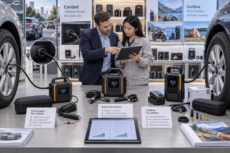 Side-by-side comparison of corded and cordless tire inflators for different customers, vehicles, and sales channels.