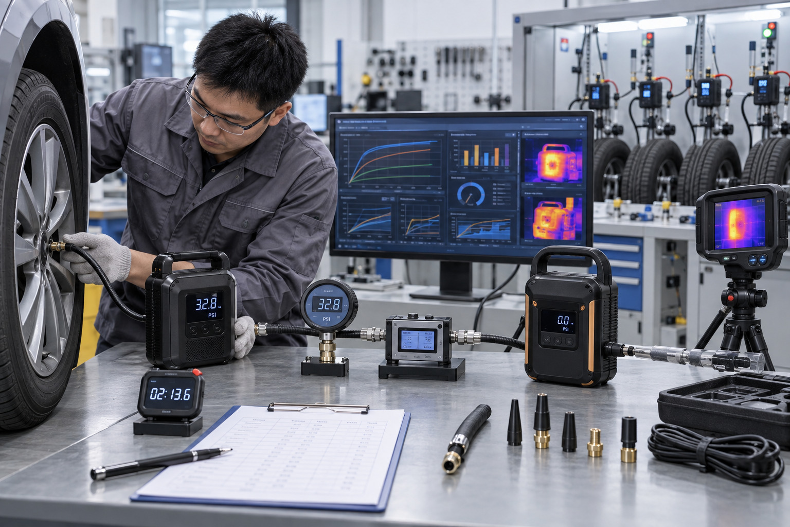 Technician measuring tire inflator pressure, loaded airflow, inflation speed, accuracy, and heat under real operating conditions.