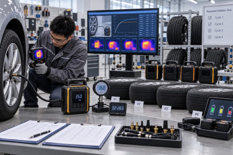 Stopwatch test measuring how quickly a portable tire inflator raises a standard car tire to its target pressure.