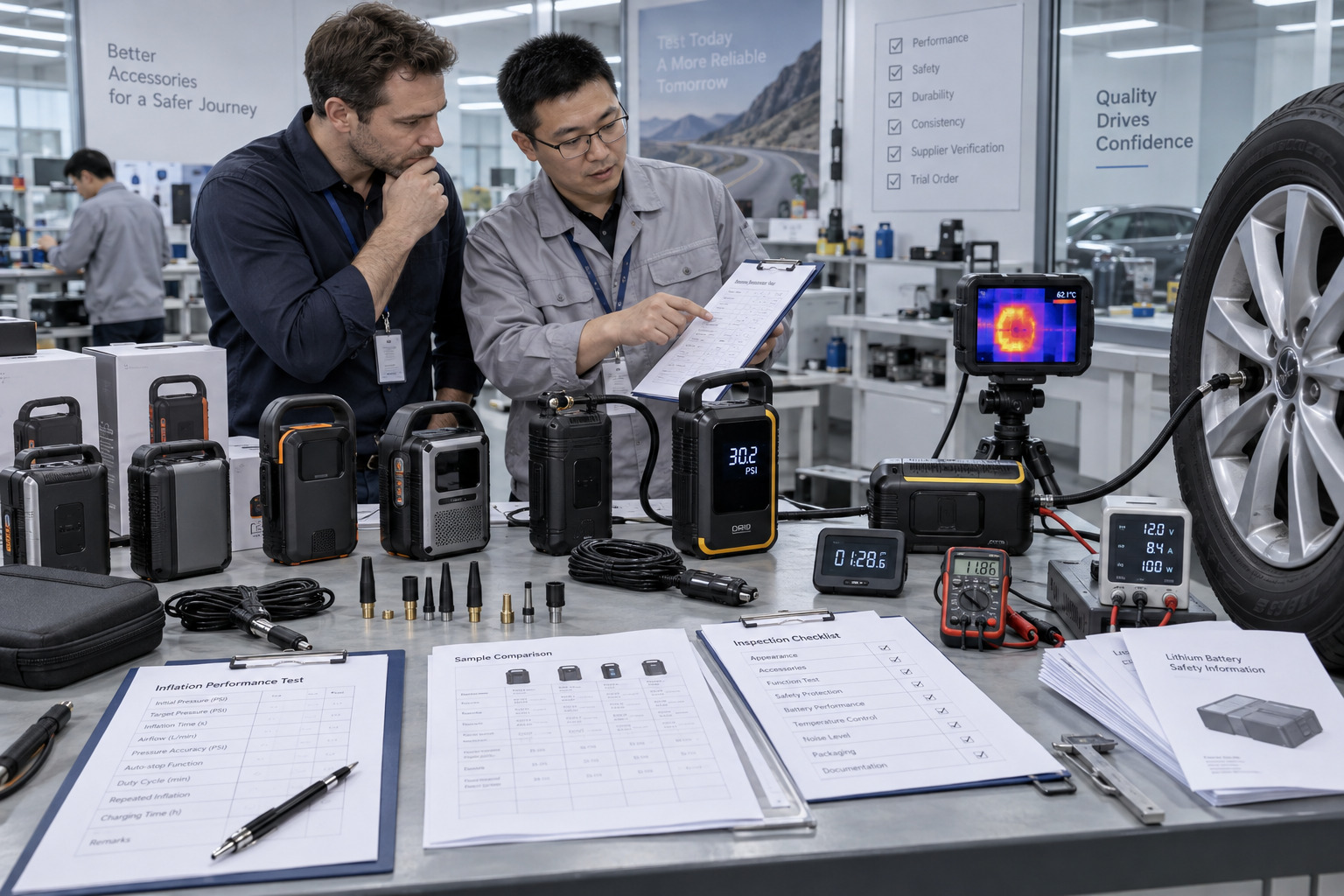 B2B buyer testing portable tire inflator samples for speed, pressure accuracy, heat control, and battery performance.