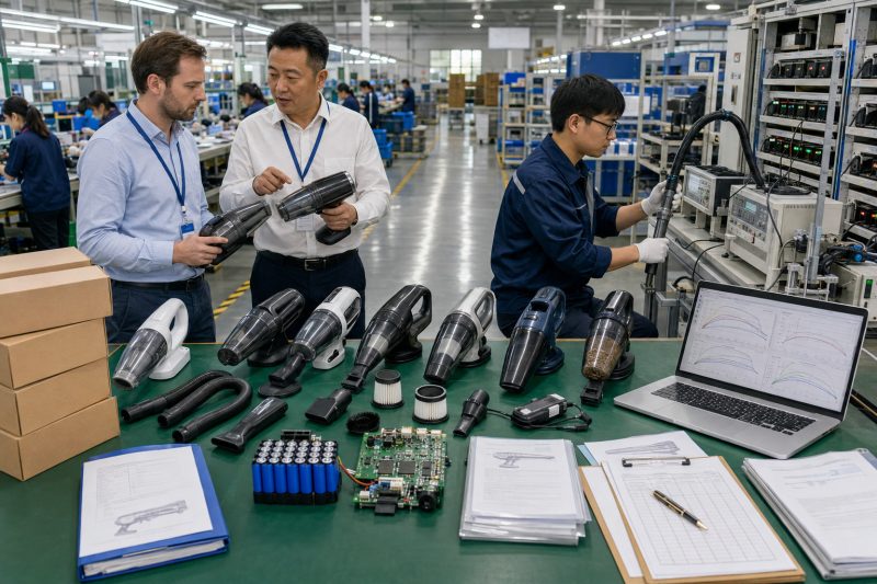 B2B automotive accessories buyer evaluating cordless car vacuum samples, battery performance, suction, filtration, compliance documents, and packaging at a Chinese factory.