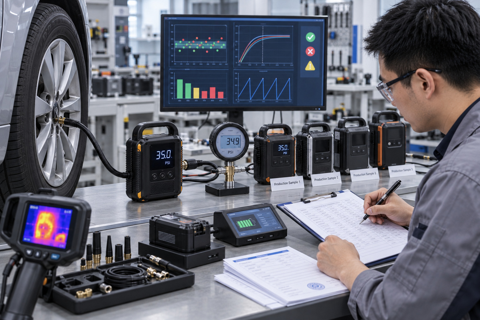 Technician comparing a tire inflator display and automatic stop pressure with a calibrated reference gauge.