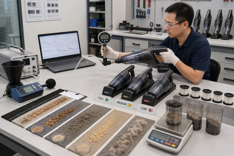 Technician verifying a cordless car vacuum’s 15,000Pa claim through suction-pressure, airflow, battery-level, runtime, heat, and debris-pickup tests.