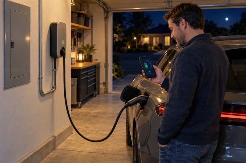 Electric vehicle charging overnight on a 7kW home wallbox, with charging time determined by battery size, starting level, target charge, and vehicle limits.