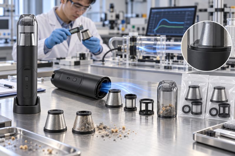 Car vacuum filtration system showing filter layers, airflow, sealing, dust loading, and compatible replacement filters.