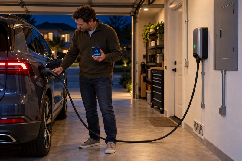 Electric vehicle safely connected to a professionally installed Level 2 home charger overnight with secure cabling and proper ventilation.